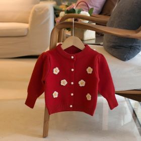 Children's Sweater Flower Girls Cardigan (Option: Red-80cm)