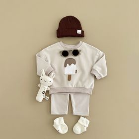 Two-piece Suit Boys And Girls Long Sleeve Trousers Suit Sportswear Autumn And Winter (Option: Apricot-9 12M)