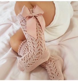 Children's Solid Color Mesh Bow Mid Length Socks With Removable Loops (Option: Lotus root pink color-XL foot length16cm)