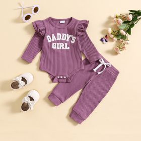 Candy Color Sunken Stripe Letter Embroidery Suit (Option: Purple-70CM)