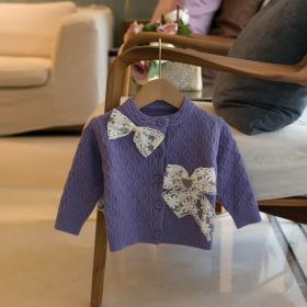 Lace Bow Girls Crew Neck Cardigan (Option: Purple-80cm90cm100cm110cm120cm)