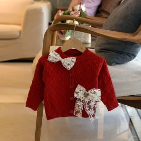 Lace Bow Girls Crew Neck Cardigan (Option: Red-80cm90cm100cm110cm120cm)