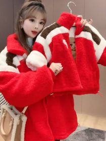 Parent-child Clothing For A Family Of Three In Winter With Wool Thickened Lamb Coat (Option: Red-Kids Coat90)