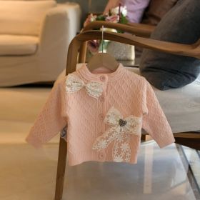 Lace Bow Girls Crew Neck Cardigan (Option: Pink-80cm90cm100cm110cm120cm)