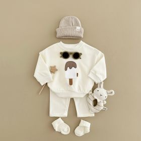 Two-piece Suit Boys And Girls Long Sleeve Trousers Suit Sportswear Autumn And Winter (Option: Milky White-9 12M)