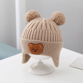 Baby Hat Warm Earflaps Cap Cute Bear Baby Knitted Woolen Cap (Option: Khaki-46cmto52cm)