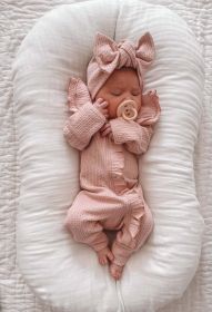 Girl Infant Bodysuit Long-sleeved Knitted Stretch Waffle Jumpsuit (Option: Pink Without Hair Band-66cm)