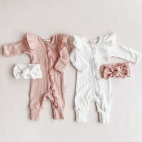 Girl Infant Bodysuit Long-sleeved Knitted Stretch Waffle Jumpsuit (Option: White Or Red Hair Band-66cm)