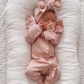 Girl Infant Bodysuit Long-sleeved Knitted Stretch Waffle Jumpsuit (Option: Pink With Hair Band-66cm)