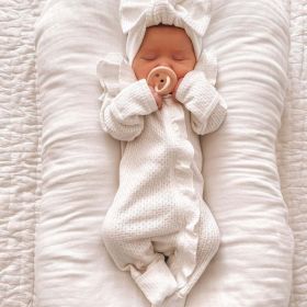 Girl Infant Bodysuit Long-sleeved Knitted Stretch Waffle Jumpsuit (Option: Beige With Hair Band-59cm)