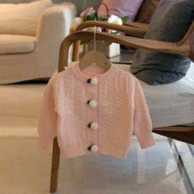 Girls' Solid Color Cardigan Crew Neck Sweater (Option: Pink-80cm90cm100cm110cm120cm)