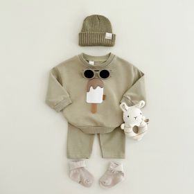 Two-piece Suit Boys And Girls Long Sleeve Trousers Suit Sportswear Autumn And Winter (Option: Matcha-9 12M)