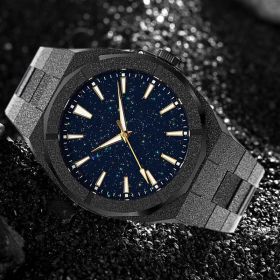 Popular stainless steel waterproof quartz watch gold steel sand starry sky face men's watch (colour: Black starry sky surface)