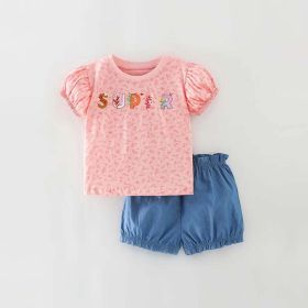 Baby Girl Floral & Slogan Print Graphic Puff Sleeve Tee Combo Denim Shorts Sets (Size/Age: 90 (12-24M))