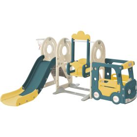 Kids Swing-N-Slide with Bus Play Structure; Freestanding Bus Toy with Slide&Swing for Toddlers; Bus Slide Set with Basketball Hoop (Color: Yellow)