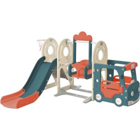 Kids Swing-N-Slide with Bus Play Structure; Freestanding Bus Toy with Slide&Swing for Toddlers; Bus Slide Set with Basketball Hoop (Color: Red)