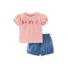 Baby Girl Floral & Slogan Print Graphic Puff Sleeve Tee Combo Denim Shorts Sets