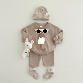 Two-piece Suit Boys And Girls Long Sleeve Trousers Suit Sportswear Autumn And Winter (Option: Camel-9 12M)