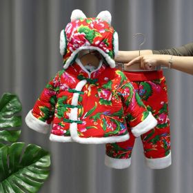 Large Floral Jacket Winter Thickened Girls Padded Cotton Clothes Cotton Pants (Option: Red-90cm)