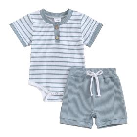 Baby Jumpsuit Short Sleeve Toddler Jumpsuit Romper Shorts Suit (Option: Blue Stripe-0to3M)