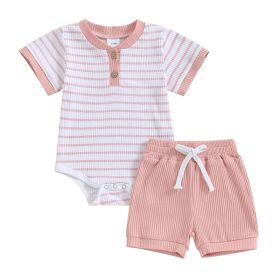 Baby Jumpsuit Short Sleeve Toddler Jumpsuit Romper Shorts Suit (Option: Pink Stripe-6to9M)